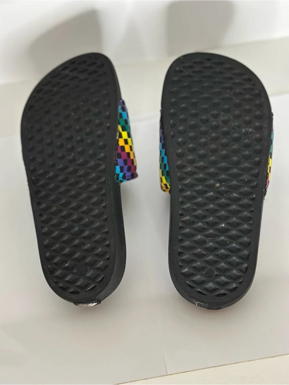VANS | Cushy Black Slide Sandals with Rainbow Checkerboard Strap | Size 3 Y
